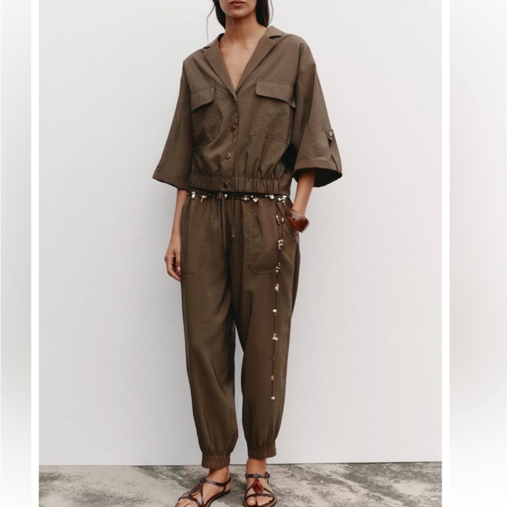 ZARA SHORT SLEEVE SAFARI SHIRT L toffee brown nylon shirt jacket - Picture 2 of 6